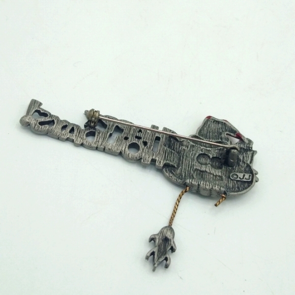 JJ Jonette Vintage Santa Hat Cat Mouse Dangle Brooch Happy Holidays Pin 2.75" - Picture 3 of 12